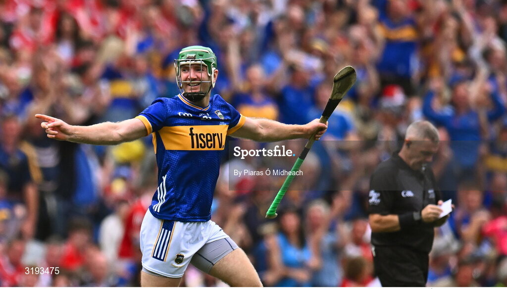 20 July 2025; Noel McGrath of Tipperary celebrates after scoring a point during the GAA Hurling All-Ireland Senior Championship final match between Cork and Tipperary at Croke Park in Dublin. Photo by Piaras Ó Mídheach/Sportsfile