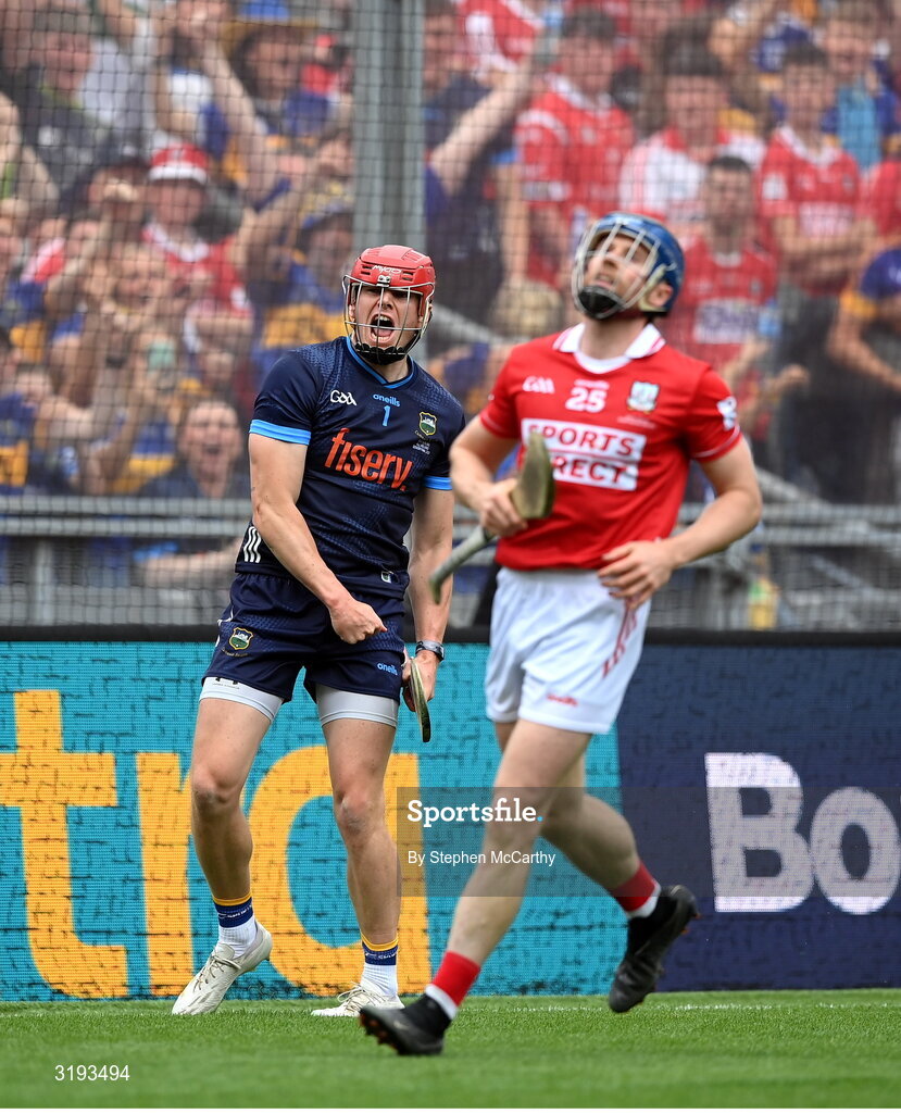 20 July 2025; Tipperary goalkeeper Rhys Shelly celebrates late in the GAA Hurling All-Ireland Senior Championship final match between Cork and Tipperary at Croke Park in Dublin. Photo by Stephen McCarthy/Sportsfile