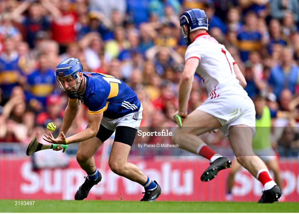 20 July 2025; John McGrath of Tipperary gathers possession before rounding Cork goalkeeper Patrick Collins and scoring his side's first goal during the GAA Hurling All-Ireland Senior Championship final match between Cork and Tipperary at Croke Park in Dublin. Photo by Piaras Ó Mídheach/Sportsfile
