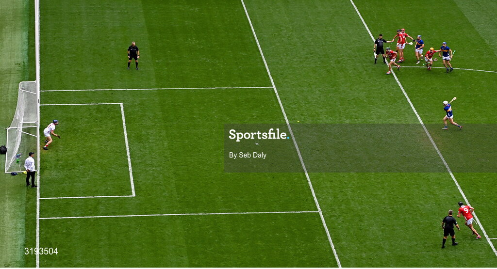 20 July 2025; Darragh McCarthy of Tipperary scores his side's second goal from a penalty, past Cork goalkeeper Patrick Collins, during the GAA Hurling All-Ireland Senior Championship final match between Cork and Tipperary at Croke Park in Dublin. Photo by Seb Daly/Sportsfile