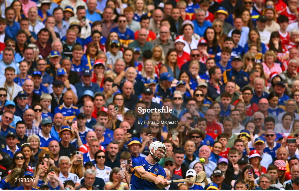 20 July 2025; Darragh McCarthy of Tipperary takes a free during the GAA Hurling All-Ireland Senior Championship final match between Cork and Tipperary at Croke Park in Dublin. Photo by Piaras Ó Mídheach/Sportsfile