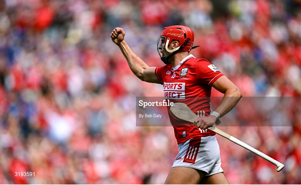 20 July 2025; Brian Hayes of Cork celebrates his side's first goal, scored by teammate Shane Barrett, not pictured, during the GAA Hurling All-Ireland Senior Championship final match between Cork and Tipperary at Croke Park in Dublin. Photo by Seb Daly/Sportsfile