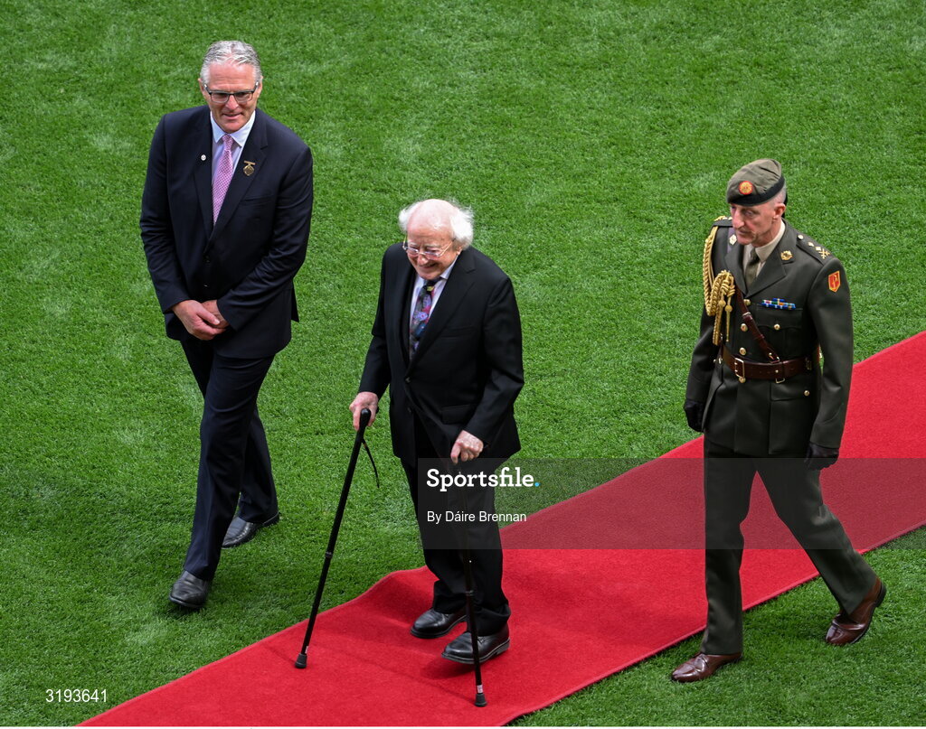 20 July 2025; Uachtarán Chumann Lúthchleas Gael Jarlath Burns along with Uachtarán na hÉireann Michael D Higgins, ahead of the GAA Hurling All-Ireland Senior Championship final match between Cork and Tipperary at Croke Park in Dublin. Photo by Daire Brennan/Sportsfile