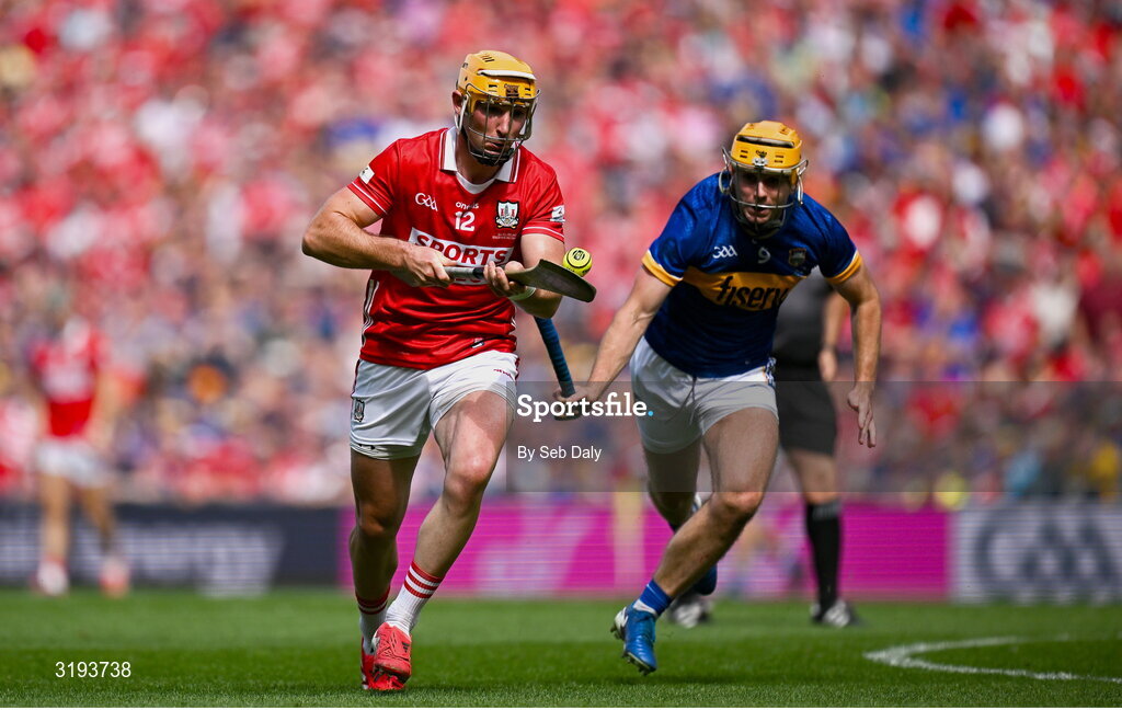 20 July 2025; Declan Dalton of Cork in action against Conor Stakelum of Tipperary during the GAA Hurling All-Ireland Senior Championship final match between Cork and Tipperary at Croke Park in Dublin. Photo by Seb Daly/Sportsfile