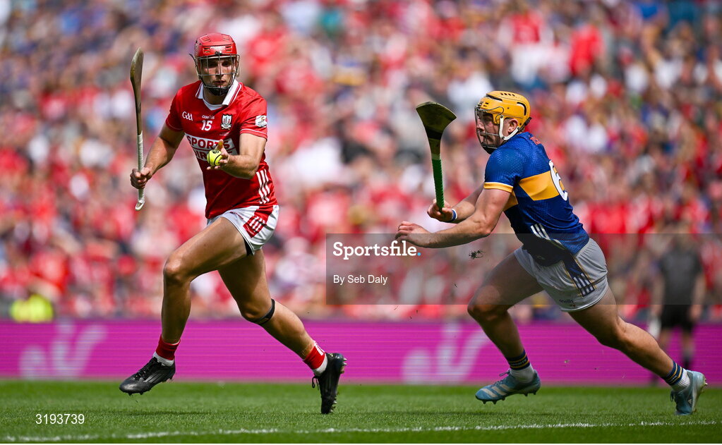 20 July 2025; Brian Hayes of Cork in action against Ronan Maher of Tipperary during the GAA Hurling All-Ireland Senior Championship final match between Cork and Tipperary at Croke Park in Dublin. Photo by Seb Daly/Sportsfile