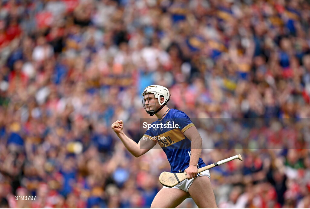 20 July 2025; Darragh McCarthy of Tipperary celebrates after scoring his side's second goal, from a penalty, during the GAA Hurling All-Ireland Senior Championship final match between Cork and Tipperary at Croke Park in Dublin. Photo by Seb Daly/Sportsfile