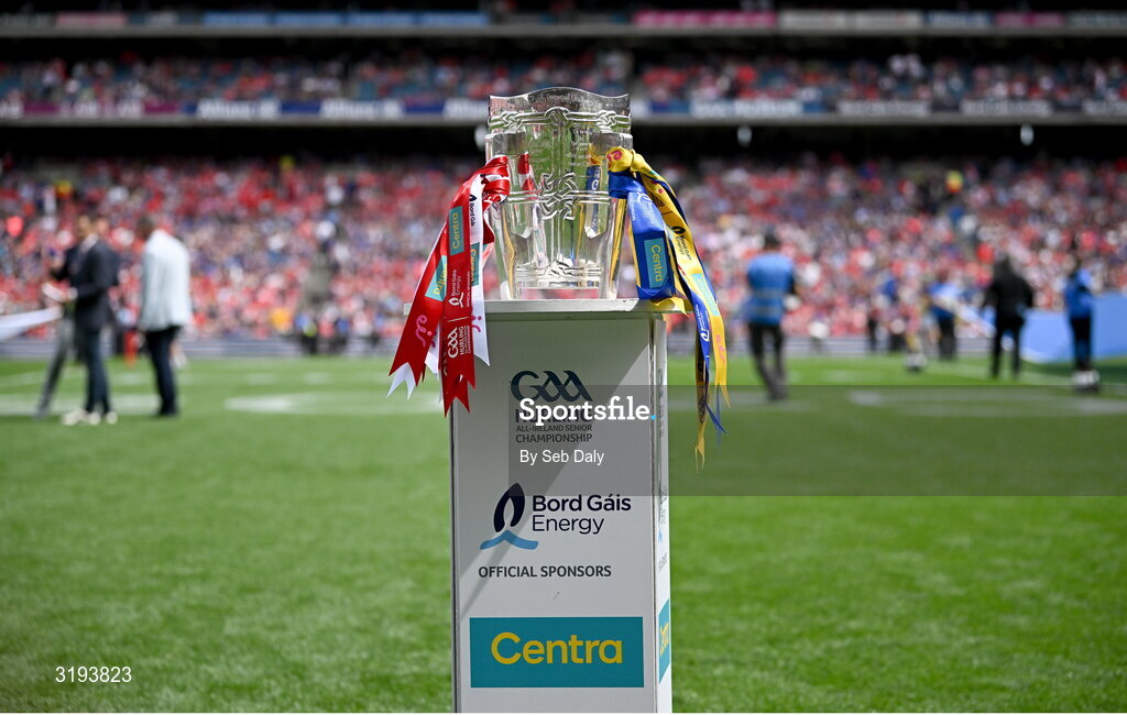 20 July 2025; The Liam MacCarthy cup before the GAA Hurling All-Ireland Senior Championship final match between Cork and Tipperary at Croke Park in Dublin. Photo by Seb Daly/Sportsfile