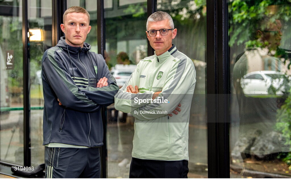 19 July 2025; Jason Foley, left, and selector Aodhán Mac Gearailt during the Kerry GAA Football All-Ireland Senior Final Media Conference at the Gleneagle Hotel in Killarney, Kerry. Photo by Domnick Walsh/Sportsfile