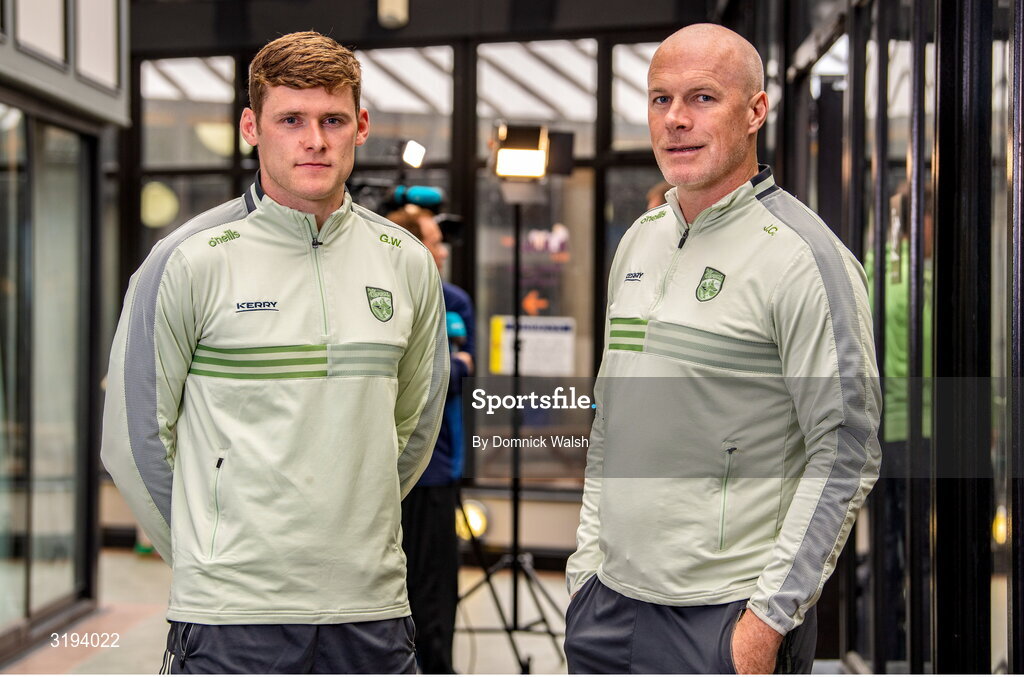 19 July 2025; Gavin White, left, and selector James Costello during the Kerry GAA Football All-Ireland Senior Final Media Conference at the Gleneagle Hotel in Killarney, Kerry. Photo by Domnick Walsh/Sportsfile