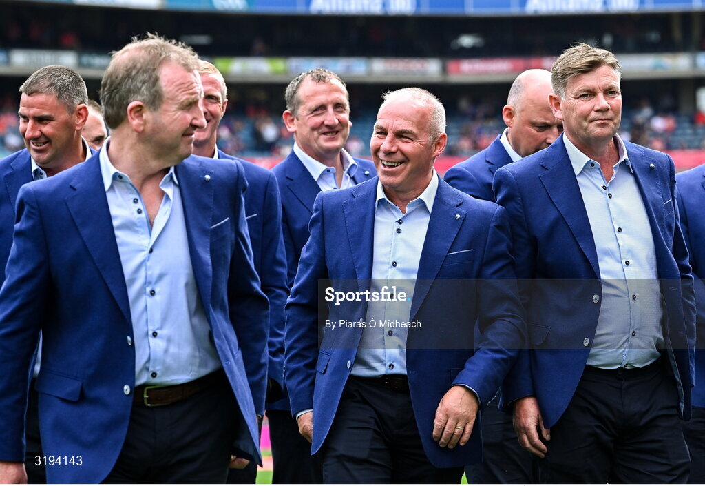 20 July 2025; Charlie Carter, centre, of the 2000 All-Ireland winning Kilkenny hurling jubilee team who were honoured before the GAA Hurling All-Ireland Senior Championship final match between Cork and Tipperary at Croke Park in Dublin. Photo by Piaras Ó Mídheach/Sportsfile