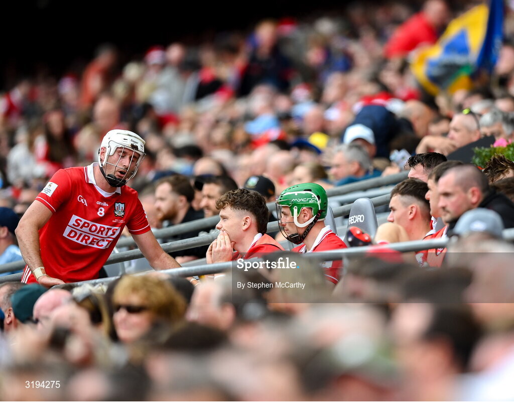20 July 2025; Tim O'Mahony of Cork takes a seat in the substitutes area after leaving the game in a second half substitution during the GAA Hurling All-Ireland Senior Championship final match between Cork and Tipperary at Croke Park in Dublin. Photo by Stephen McCarthy/Sportsfile