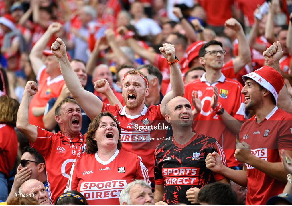 20 July 2025; Cork supporters celebrate during the GAA Hurling All-Ireland Senior Championship final match between Cork and Tipperary at Croke Park in Dublin. Photo by Stephen McCarthy/Sportsfile