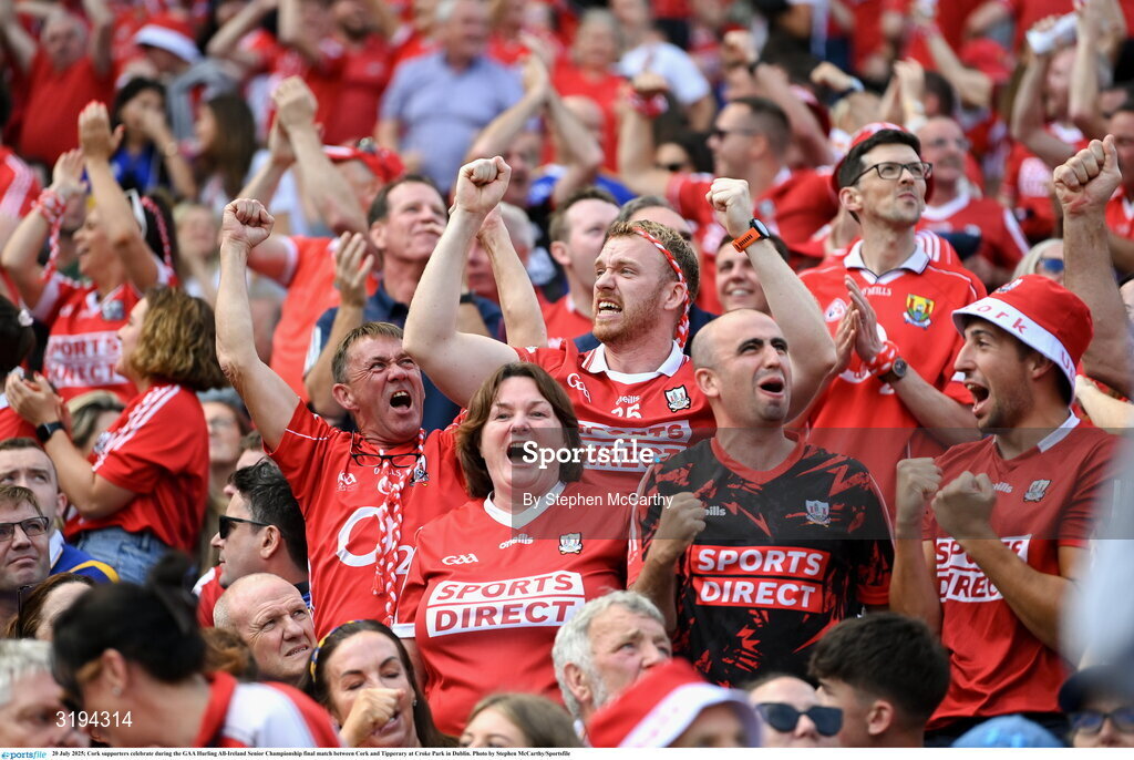 20 July 2025; Cork supporters celebrate during the GAA Hurling All-Ireland Senior Championship final match between Cork and Tipperary at Croke Park in Dublin. Photo by Stephen McCarthy/Sportsfile