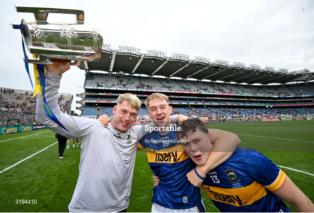 20 July 2025; Tipperary players, from left, Ray McCormack, Paddy McCormack and Darragh McCarthy celebrate with the Liam MacCarthy cup after their side's victory in the GAA Hurling All-Ireland Senior Championship final match between Cork and Tipperary at Croke Park in Dublin. Photo by Stephen McCarthy/Sportsfile