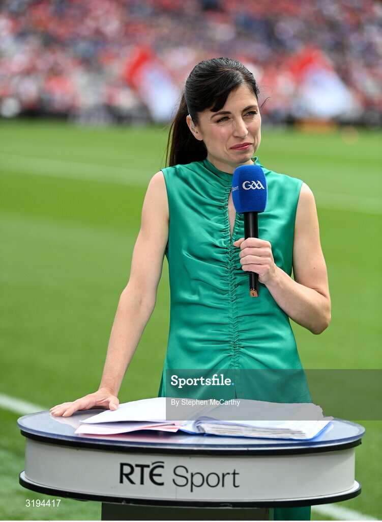20 July 2025; RTÉ Sport presenter Joanne Cantwell before the GAA Hurling All-Ireland Senior Championship final match between Cork and Tipperary at Croke Park in Dublin. Photo by Stephen McCarthy/Sportsfile