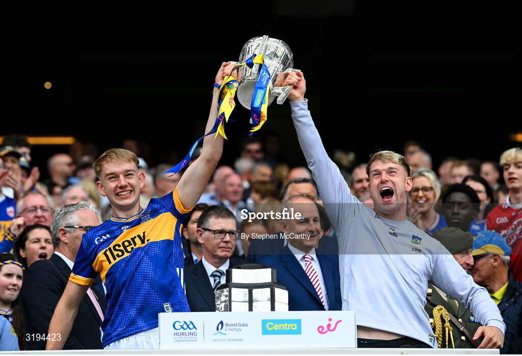 20 July 2025; Tipperary's Paddy McCormack, left, and Ray McCormack lift the Liam MacCarthy cup after the GAA Hurling All-Ireland Senior Championship final match between Cork and Tipperary at Croke Park in Dublin. Photo by Stephen McCarthy/Sportsfile