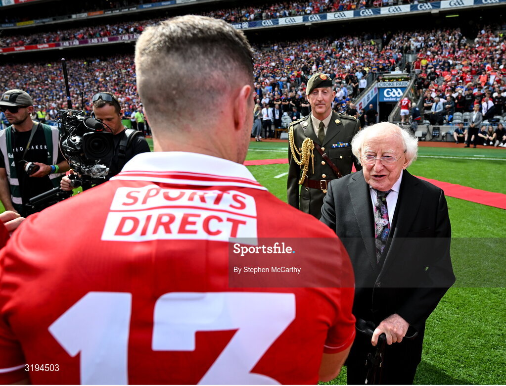 20 July 2025; President of Ireland Michael D Higgins meets Patrick Horgan of Cork before the GAA Hurling All-Ireland Senior Championship final match between Cork and Tipperary at Croke Park in Dublin. Photo by Stephen McCarthy/Sportsfile