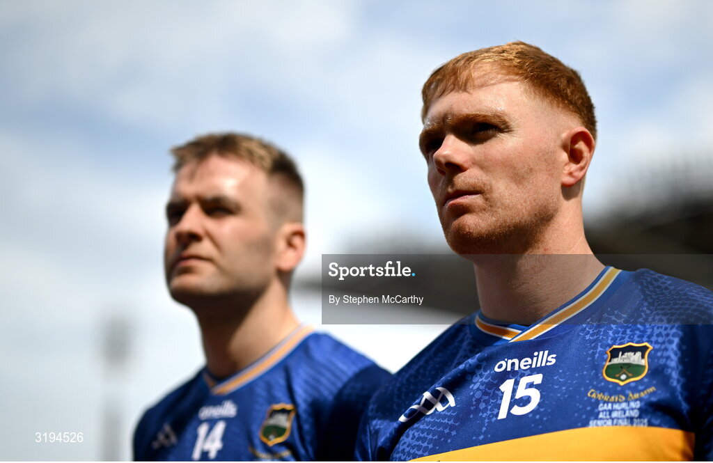 20 July 2025; Tipperary's Jason Forde, right, and John McGrath before the GAA Hurling All-Ireland Senior Championship final match between Cork and Tipperary at Croke Park in Dublin. Photo by Stephen McCarthy/Sportsfile