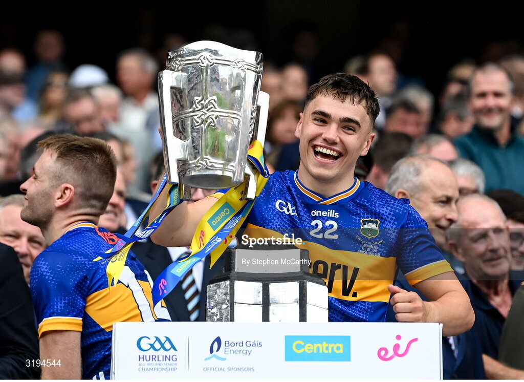 20 July 2025; Peter McGarry of Tipperary lifts the Liam MacCarthy cup after victory in the GAA Hurling All-Ireland Senior Championship final match between Cork and Tipperary at Croke Park in Dublin. Photo by Stephen McCarthy/Sportsfile