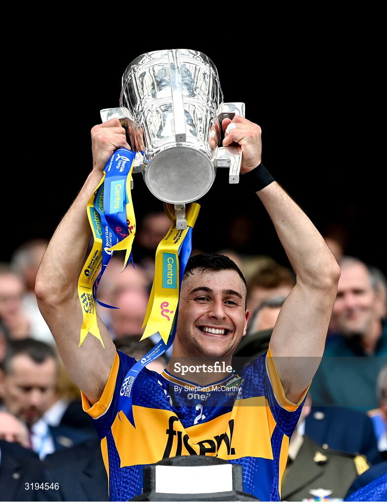 20 July 2025; Robert Doyle of Tipperary lifts the Liam MacCarthy cup after victory in the GAA Hurling All-Ireland Senior Championship final match between Cork and Tipperary at Croke Park in Dublin. Photo by Stephen McCarthy/Sportsfile