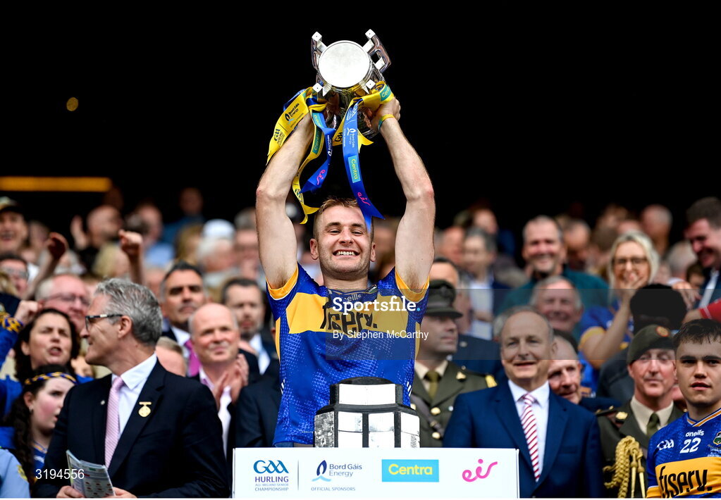 20 July 2025; John McGrath of Tipperary lifts the Liam MacCarthy cup after victory in the GAA Hurling All-Ireland Senior Championship final match between Cork and Tipperary at Croke Park in Dublin. Photo by Stephen McCarthy/Sportsfile