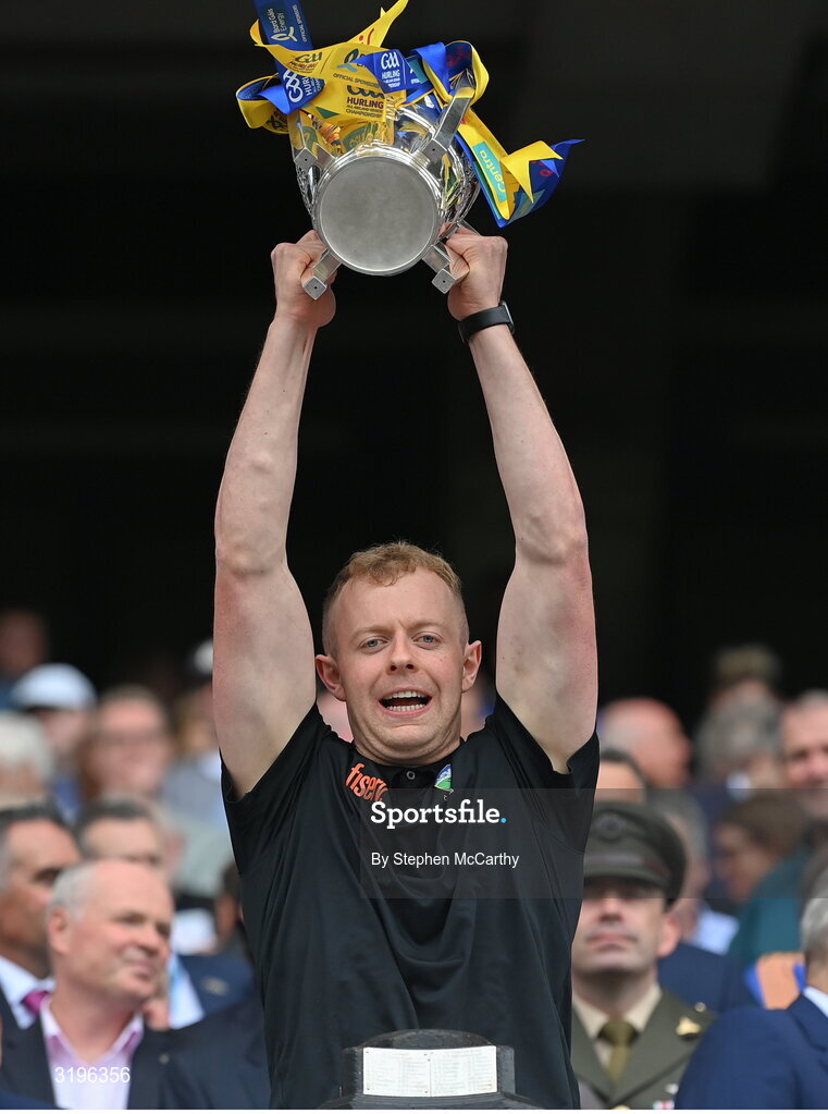 20 July 2025; David Nolan lifts the Liam MacCarthy cup after victory in the GAA Hurling All-Ireland Senior Championship final match between Cork and Tipperary at Croke Park in Dublin. Photo by Stephen McCarthy/Sportsfile