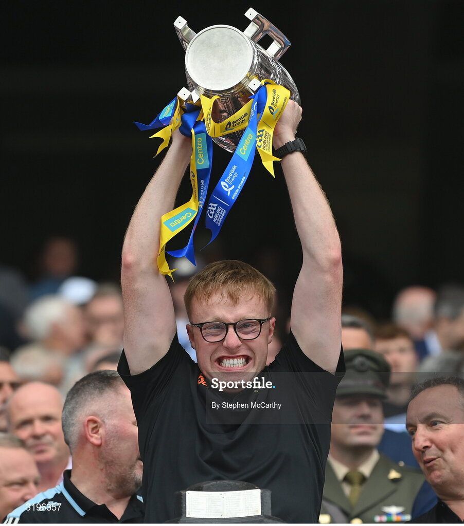 20 July 2025; Tipperary's Finn Briody lifts the Liam MacCarthy cup after victory in the GAA Hurling All-Ireland Senior Championship final match between Cork and Tipperary at Croke Park in Dublin. Photo by Stephen McCarthy/Sportsfile