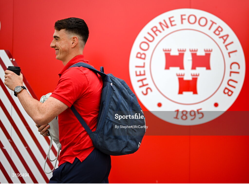 23 July 2025; Shelbourne goalkeeper Lorcan Healy arrives before the UEFA Champions League Second Qualifying Round first leg match between Shelbourne and Qarabag FK at Tolka Park in Dublin. Photo by Stephen McCarthy/Sportsfile