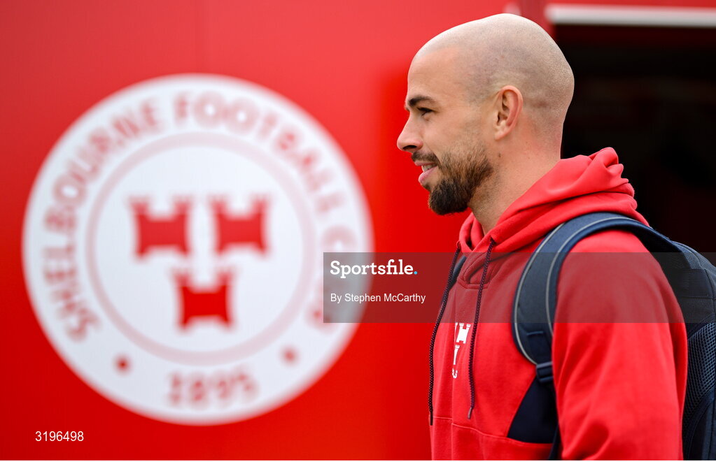 23 July 2025; Mark Coyle of Shelbourne arrives before the UEFA Champions League Second Qualifying Round first leg match between Shelbourne and Qarabag FK at Tolka Park in Dublin. Photo by Stephen McCarthy/Sportsfile