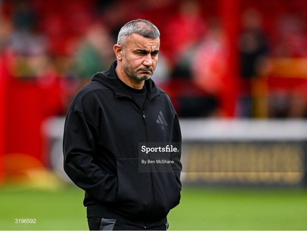 23 July 2025; Qarabag manager Gurban Gurbanov before  during the UEFA Champions League Second Qualifying Round first leg match between Shelbourne and Qarabag FK at Tolka Park in Dublin. Photo by Ben McShane/Sportsfile
