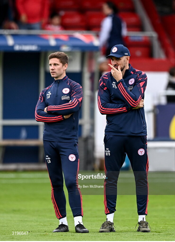 23 July 2025; Shelbourne head coach Joey O'Brien, right, and Shelbourne technical director Luke Byrne before the UEFA Champions League Second Qualifying Round first leg match between Shelbourne and Qarabag FK at Tolka Park in Dublin. Photo by Ben McShane/Sportsfile