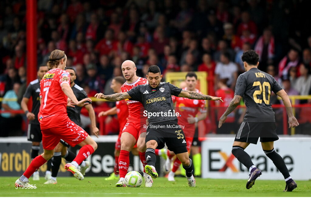 23 July 2025; Pedro Bicalho of Qarabag in action against Kerr McInroy of Shelbourne during the UEFA Champions League Second Qualifying Round first leg match between Shelbourne and Qarabag FK at Tolka Park in Dublin. Photo by Stephen McCarthy/Sportsfile