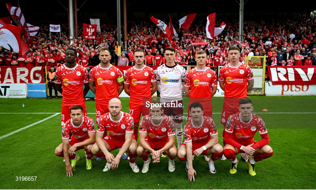23 July 2025; The Shelbourne team before the UEFA Champions League Second Qualifying Round first leg match between Shelbourne and Qarabag FK at Tolka Park in Dublin. Photo by Stephen McCarthy/Sportsfile