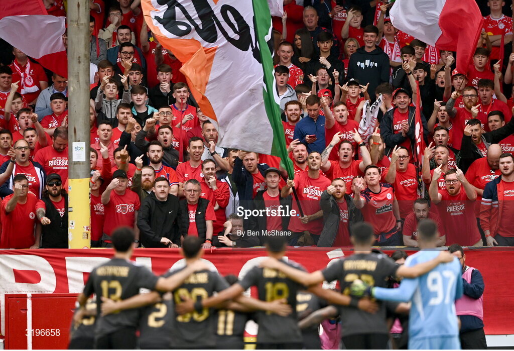 23 July 2025; (EDITORS NOTE: Image contains profanity) Shelbourne supporters before the UEFA Champions League Second Qualifying Round first leg match between Shelbourne and Qarabag FK at Tolka Park in Dublin. Photo by Ben McShane/Sportsfile