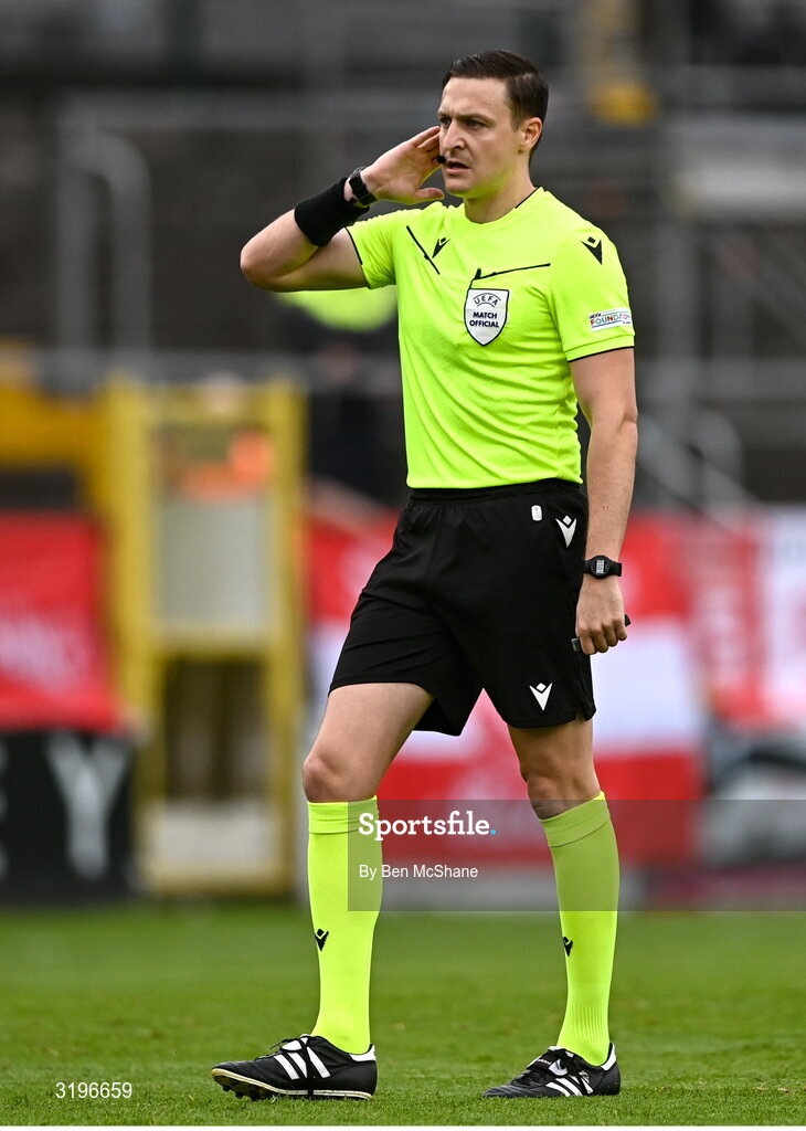 23 July 2025; Referee Ante Culina during the UEFA Champions League Second Qualifying Round first leg match between Shelbourne and Qarabag FK at Tolka Park in Dublin. Photo by Ben McShane/Sportsfile