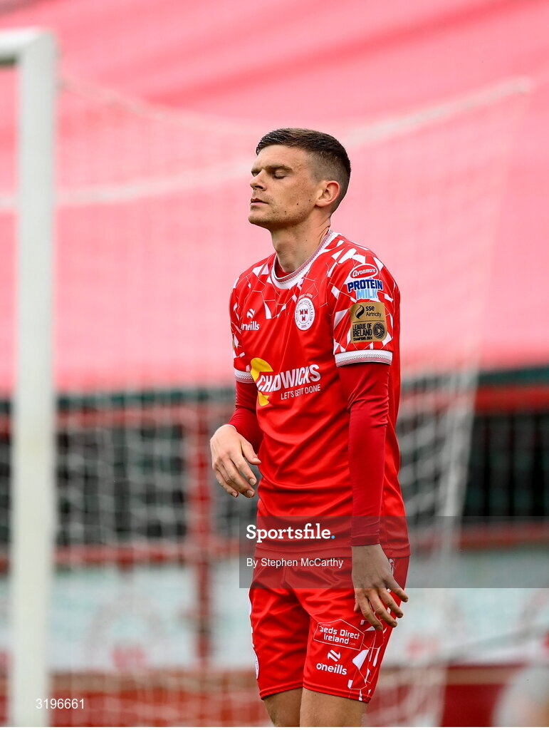 23 July 2025; Sean Gannon of Shelbourne reacts after a missed goal chance during the UEFA Champions League Second Qualifying Round first leg match between Shelbourne and Qarabag FK at Tolka Park in Dublin. Photo by Stephen McCarthy/Sportsfile