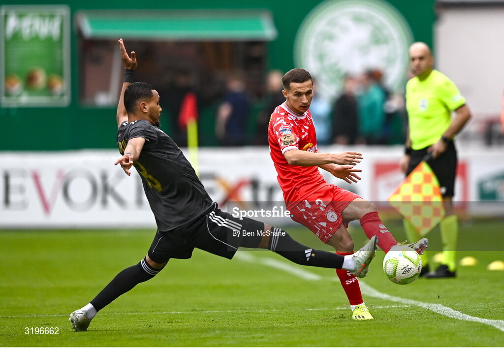 23 July 2025; Tyreke Wilson of Shelbourne in action against Dani Bolt of Qarabag during the UEFA Champions League Second Qualifying Round first leg match between Shelbourne and Qarabag FK at Tolka Park in Dublin. Photo by Ben McShane/Sportsfile
