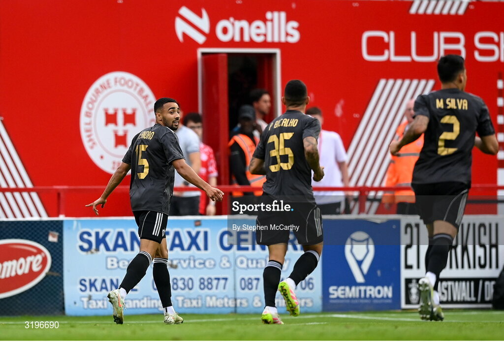 23 July 2025; Leandro Andrade of Qarabag, left, celebrates after scoring his side's first goal during the UEFA Champions League Second Qualifying Round first leg match between Shelbourne and Qarabag FK at Tolka Park in Dublin. Photo by Stephen McCarthy/Sportsfile