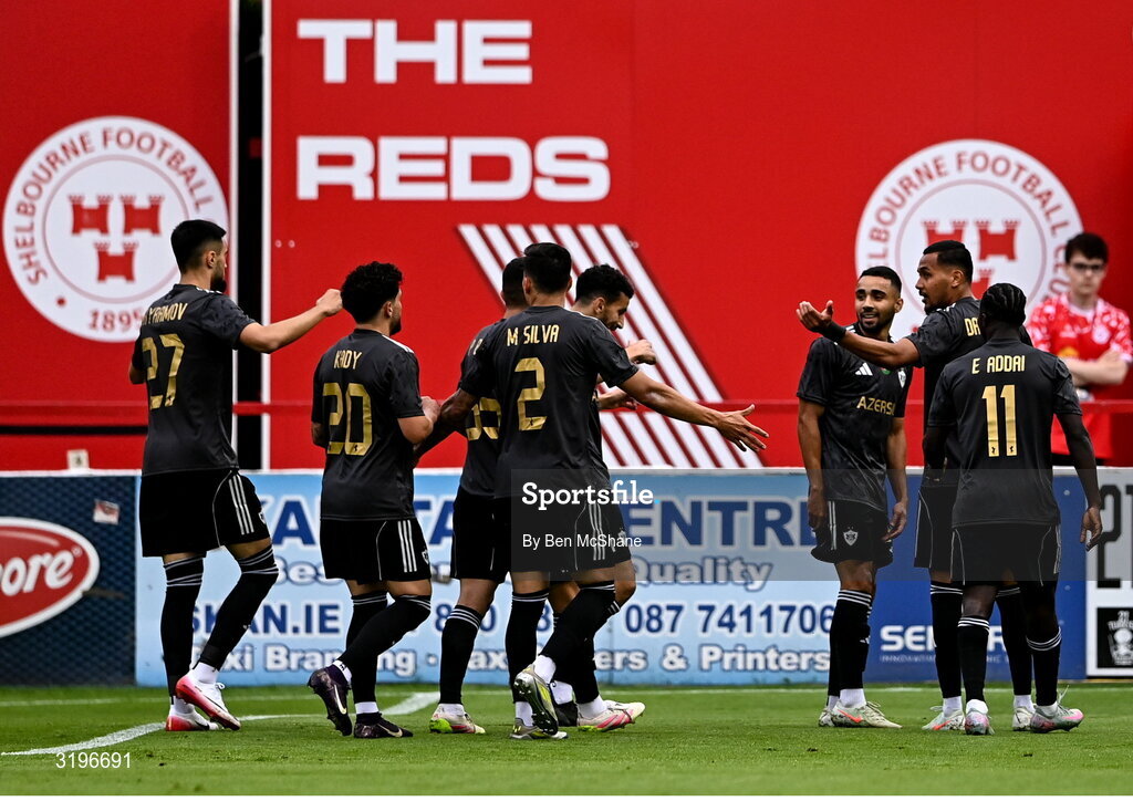 23 July 2025; Leandro Andrade of Qarabag, third from right, celebrates with teammates after scoring his side's first goal during the UEFA Champions League Second Qualifying Round first leg match between Shelbourne and Qarabag FK at Tolka Park in Dublin. Photo by Ben McShane/Sportsfile