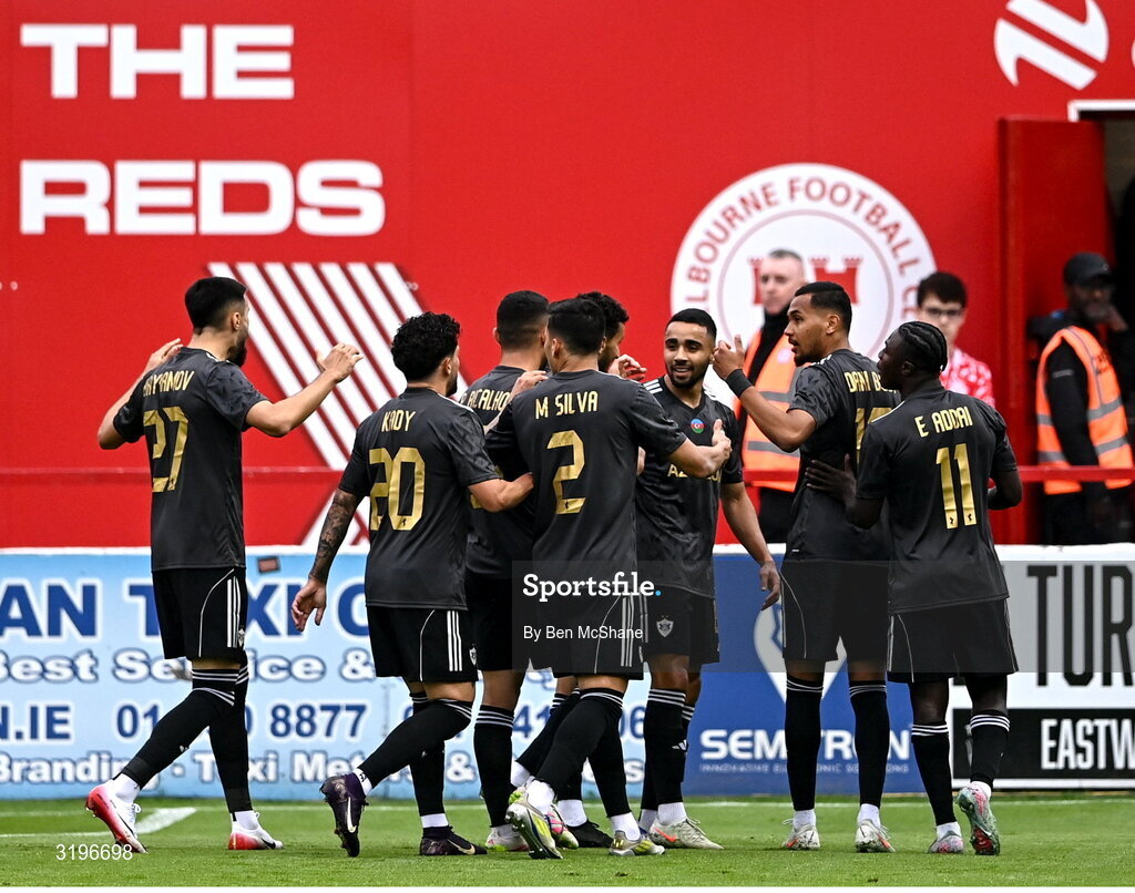 23 July 2025; Leandro Andrade of Qarabag, third from right, celebrates with teammates after scoring his side's first goal during the UEFA Champions League Second Qualifying Round first leg match between Shelbourne and Qarabag FK at Tolka Park in Dublin. Photo by Ben McShane/Sportsfile