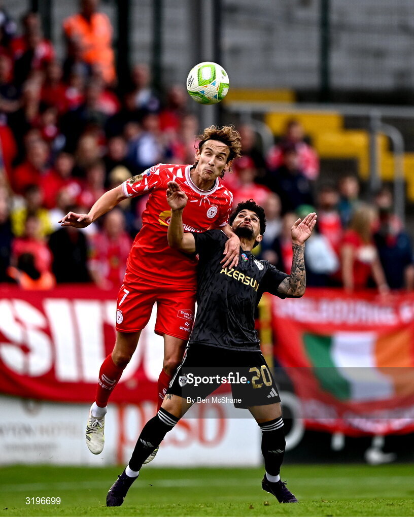 23 July 2025; Harry Wood of Shelbourne in action against Kady of Qarabag during the UEFA Champions League Second Qualifying Round first leg match between Shelbourne and Qarabag FK at Tolka Park in Dublin. Photo by Ben McShane/Sportsfile
