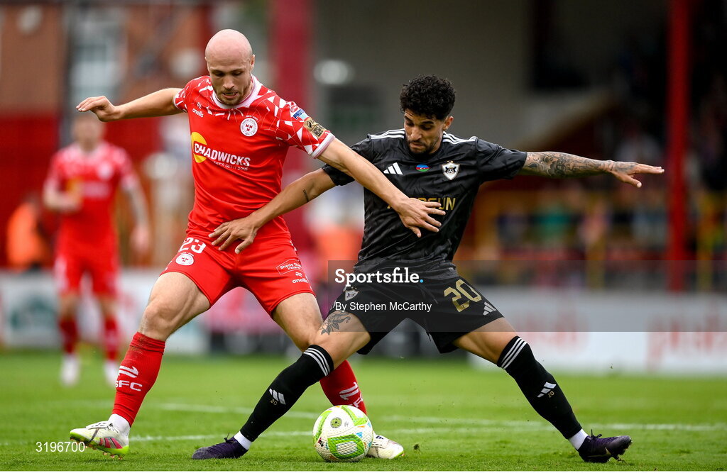 23 July 2025; Kady of Qarabag in action against Kerr McInroy of Shelbourne during the UEFA Champions League Second Qualifying Round first leg match between Shelbourne and Qarabag FK at Tolka Park in Dublin. Photo by Stephen McCarthy/Sportsfile