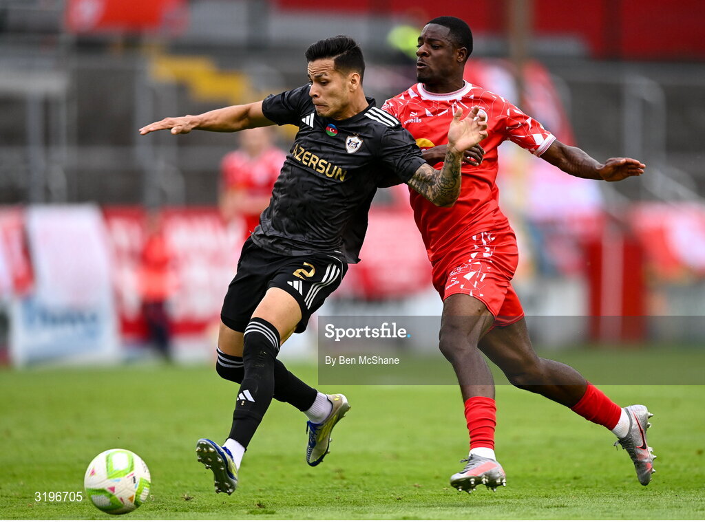 23 July 2025; Matheus Silva of Qarabag in action against Mipo Odubeko of Shelbourne during the UEFA Champions League Second Qualifying Round first leg match between Shelbourne and Qarabag FK at Tolka Park in Dublin. Photo by Ben McShane/Sportsfile