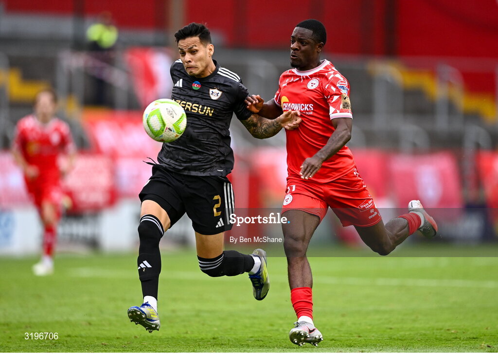 23 July 2025; Matheus Silva of Qarabag in action against Mipo Odubeko of Shelbourne during the UEFA Champions League Second Qualifying Round first leg match between Shelbourne and Qarabag FK at Tolka Park in Dublin. Photo by Ben McShane/Sportsfile