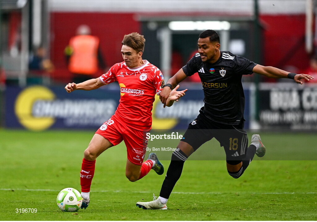 23 July 2025; James Norris of Shelbourne in action against Dani Bolt of Qarabag during the UEFA Champions League Second Qualifying Round first leg match between Shelbourne and Qarabag FK at Tolka Park in Dublin. Photo by Ben McShane/Sportsfile