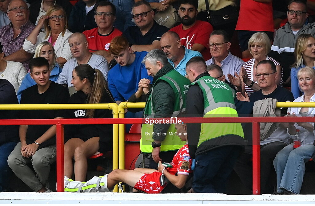 23 July 2025; Tyreke Wilson of Shelbourne is stretchered away from the pitch after picking up an injury during the UEFA Champions League Second Qualifying Round first leg match between Shelbourne and Qarabag FK at Tolka Park in Dublin. Photo by Stephen McCarthy/Sportsfile