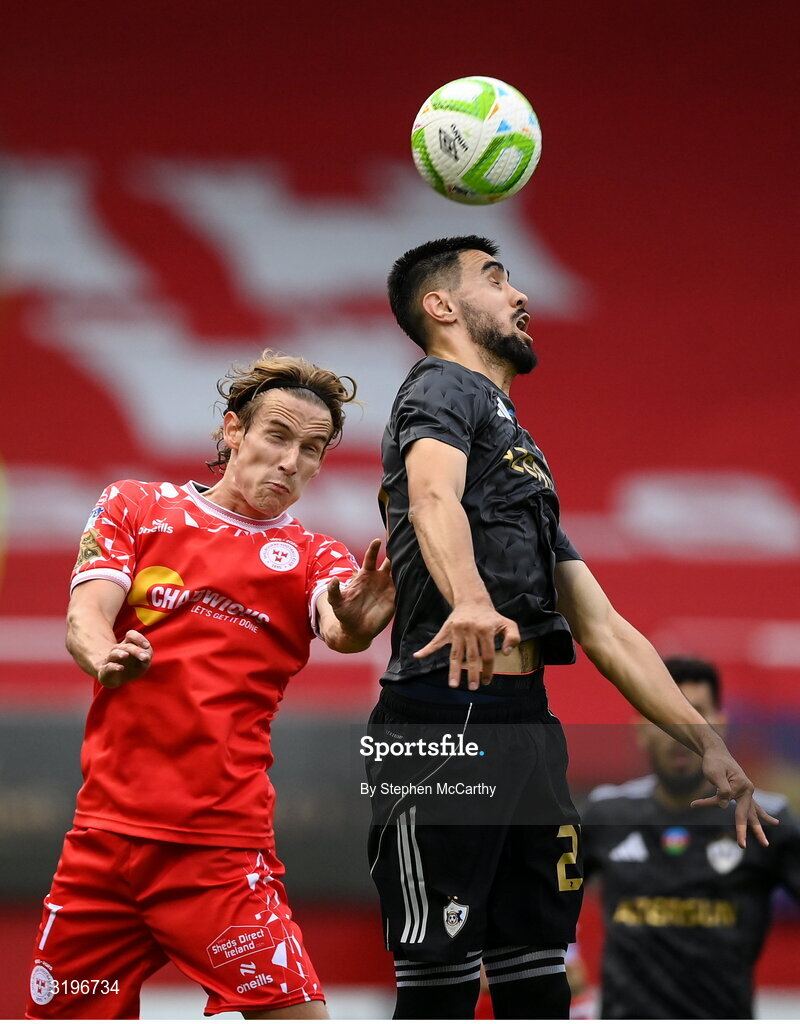 23 July 2025; Tural Bayramov of Qarabag in action against Harry Wood of Shelbourne during the UEFA Champions League Second Qualifying Round first leg match between Shelbourne and Qarabag FK at Tolka Park in Dublin. Photo by Stephen McCarthy/Sportsfile