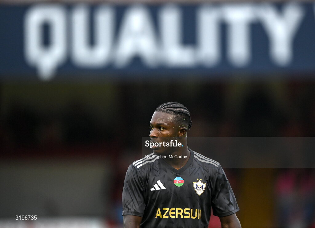 23 July 2025; Emmanuel Addai of Qarabag during the UEFA Champions League Second Qualifying Round first leg match between Shelbourne and Qarabag FK at Tolka Park in Dublin. Photo by Stephen McCarthy/Sportsfile