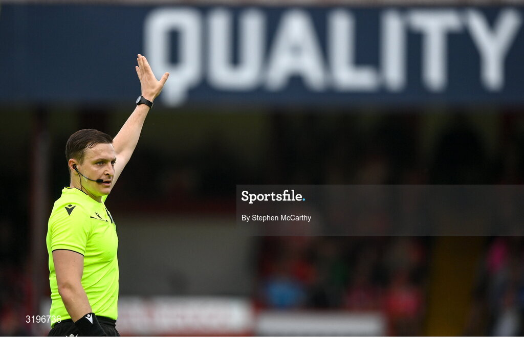 23 July 2025; Referee Ante Culina during the UEFA Champions League Second Qualifying Round first leg match between Shelbourne and Qarabag FK at Tolka Park in Dublin. Photo by Stephen McCarthy/Sportsfile
