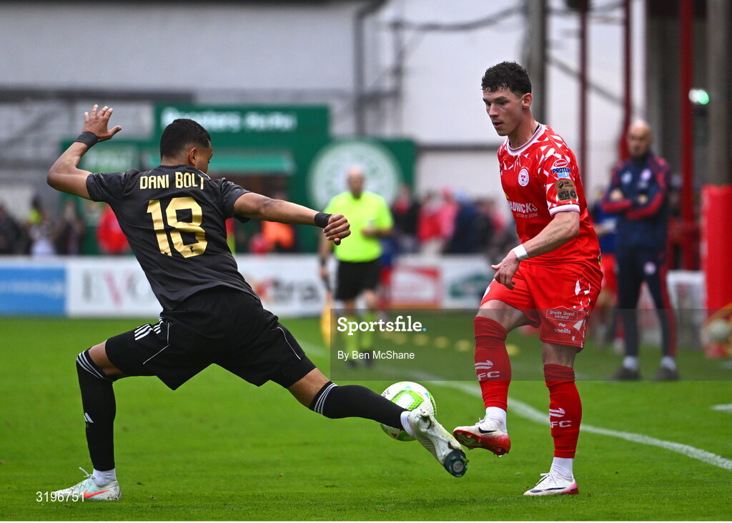 23 July 2025; Ali Coote of Shelbourne in action against Dani Bolt of Qarabag during the UEFA Champions League Second Qualifying Round first leg match between Shelbourne and Qarabag FK at Tolka Park in Dublin. Photo by Ben McShane/Sportsfile